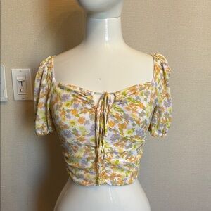 Sophie Rue Yellow Crop Blouse with Tie Front and Short Sleeves
